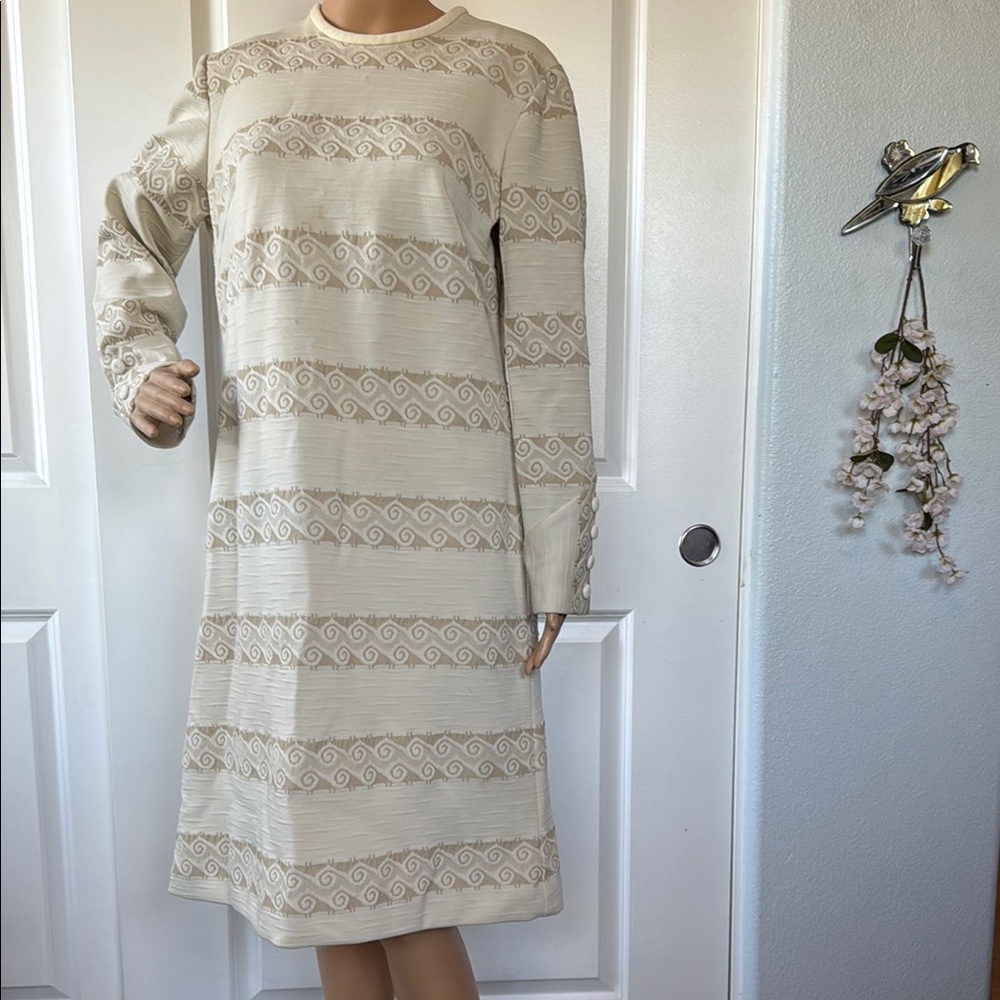 VINTAGE 60s Joan Curtis tan cream greek patterned dress XL 14